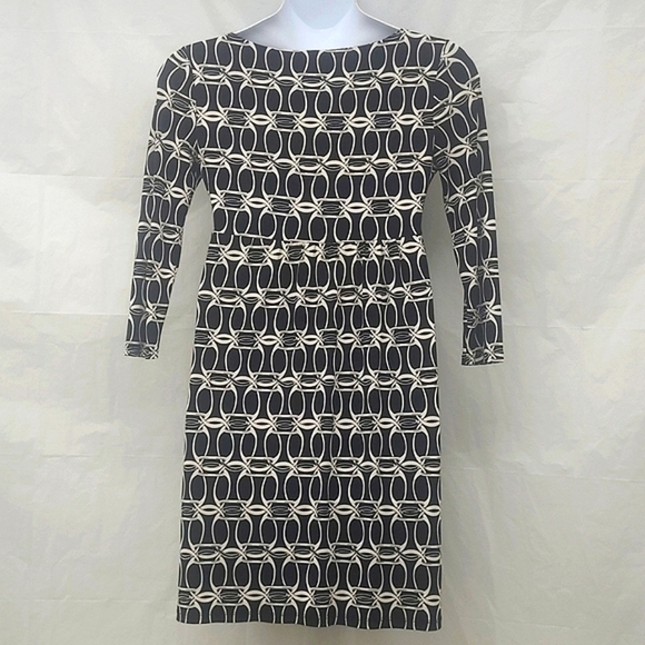 Michael Kors Dress black white Chain Maile Print midi long sleeve Stretchy Small - Picture 2 of 6